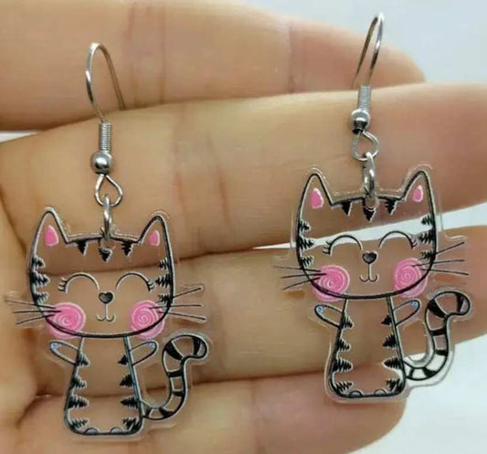 Fun Cute Clear Acrylic Happy Cat Kitten Design Drop Dangle Earrings