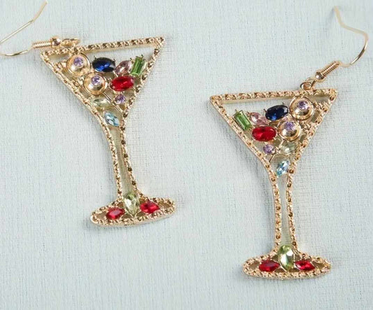 Bling Rhinestone Inlay Gold Plated Martini Wine Cocktail Holiday Drinks Glass Design  Drop Earrings