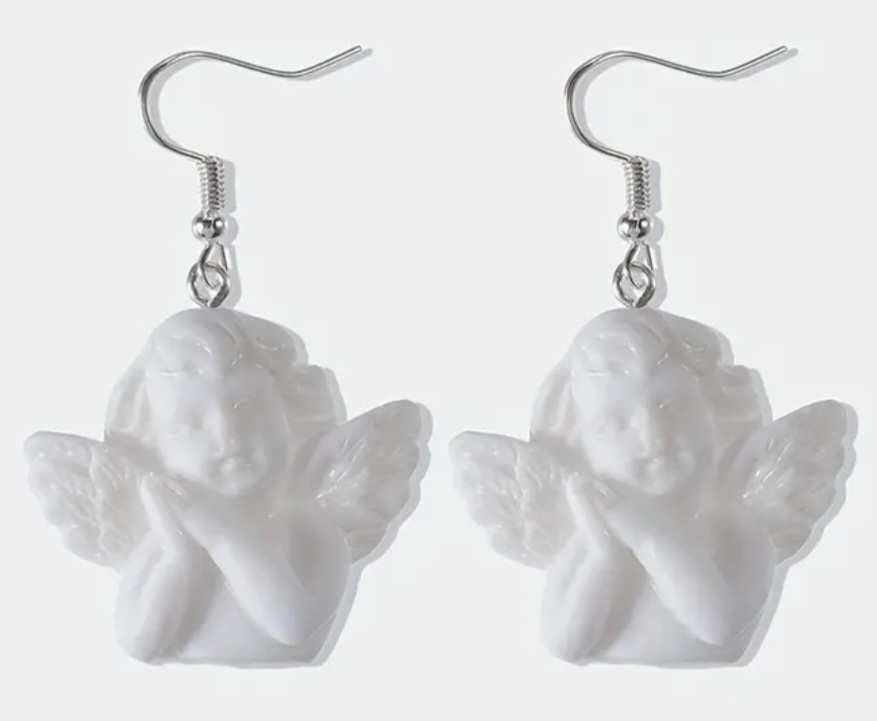 Angelic Angel Cheeky Cupid Cherubs Praying White Acrylic Dangle Earrings