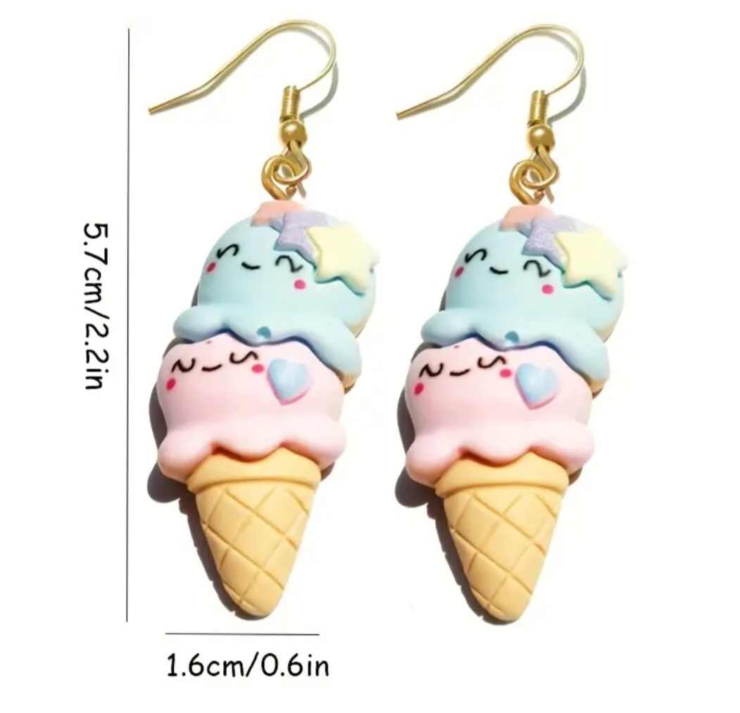 Acrylic Kawaii Smiley Face Double Scoop Ice Cream Dangle Earrings