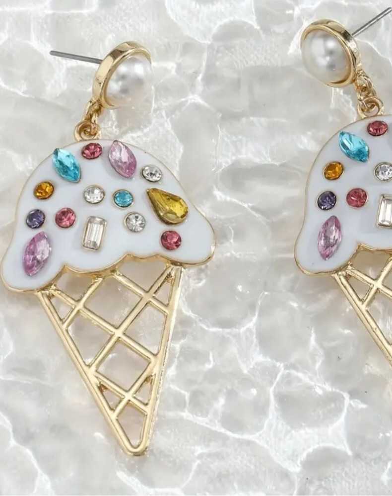 Large Sparkling Gold Plated Faux Pearl and Rhinestone Inlay Ice Cream Design Drop Dangle Earrings