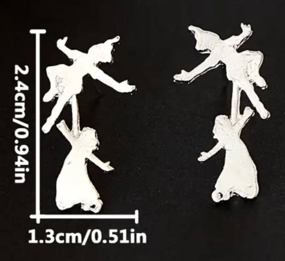 Peter Pan And Wendy Inspired Fly Away With Me Silver Plated Brushed Cut Out Silhouette Metal Stud Earrings