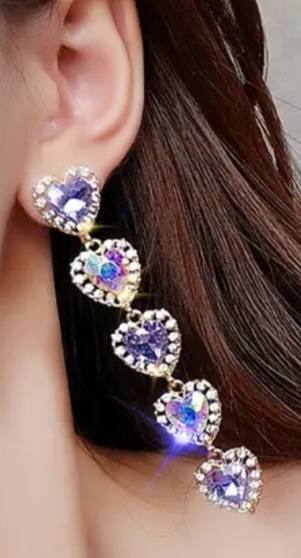 Sparkle Bling Extra Long Lilac Purple Rhinestone Inlay Heart Gold Plated Drop Earrings