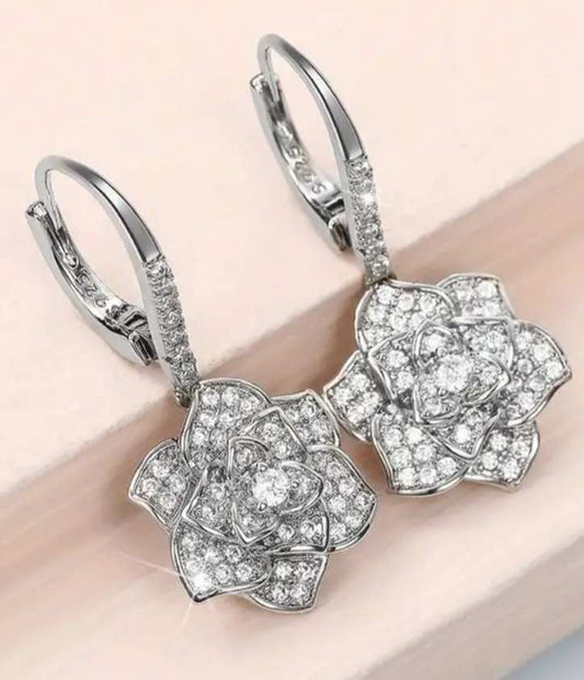 Stunning Super Sparkly Silver Plated Synthetic Zircon Inlay Open Flower Rose Drop Earrings