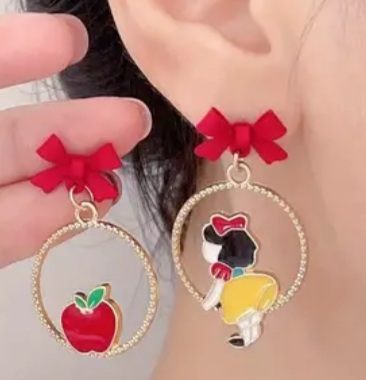 Mismatch Princess Snow White Inspired  Poison Apple Red Bow Silver Plated Enamel Drop Earrings