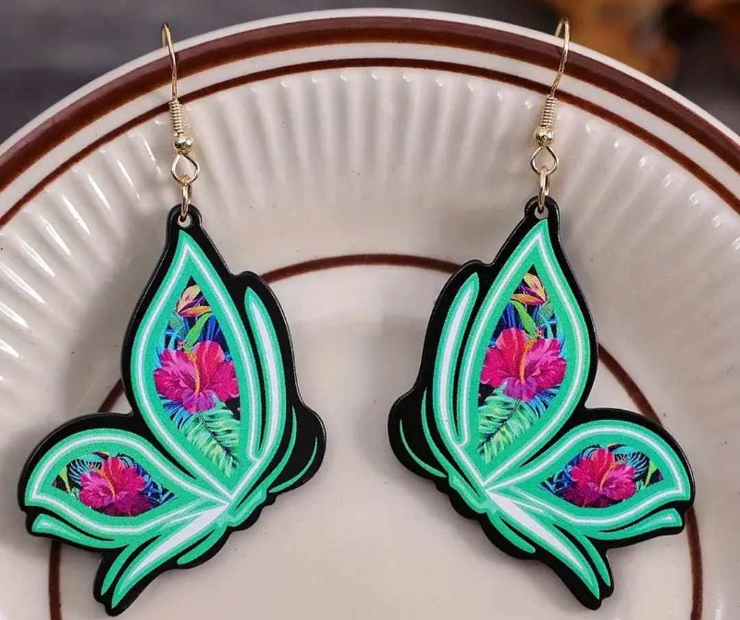 Gorgeous Bright Large Vintage Fun Acrylic Green Butterfly With Flowers Dangle Earrings