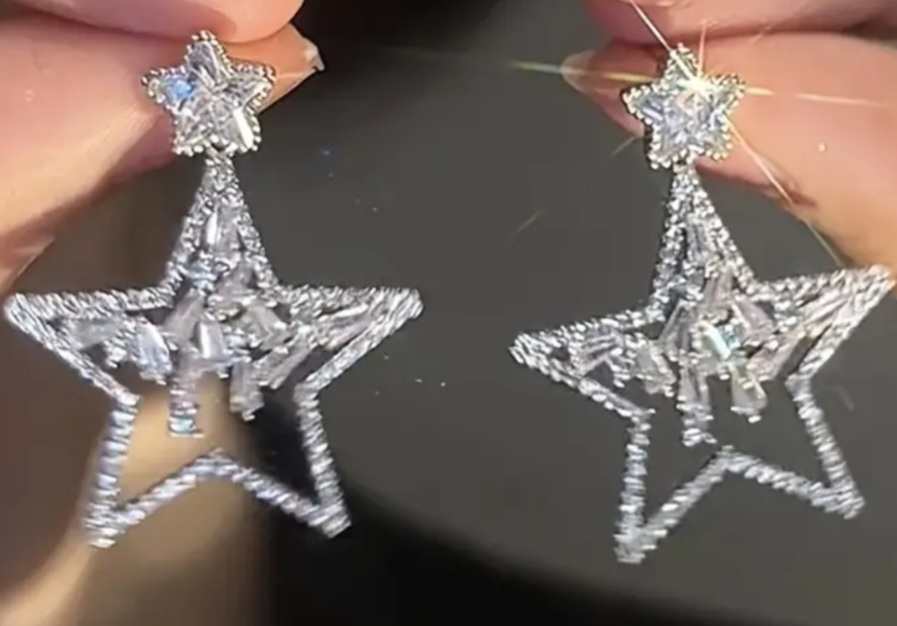 Exquisite Bling Sparkly Rhinestone Zircon Inlay Silver Plated Star Dangle Earrings