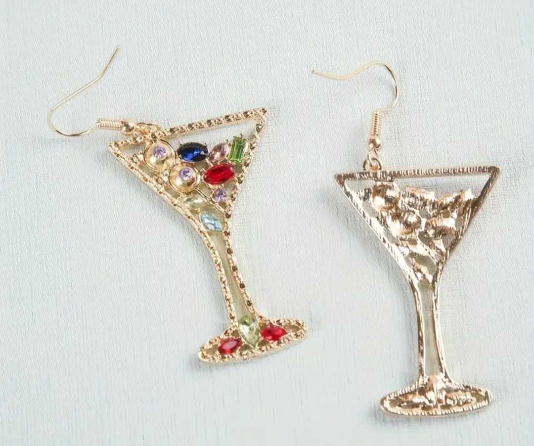 Bling Rhinestone Inlay Gold Plated Martini Wine Cocktail Holiday Drinks Glass Design  Drop Earrings