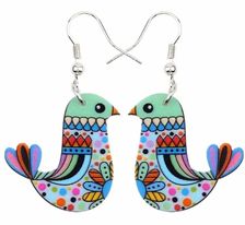 Gorgeous Colourful Medium Size Bright Fun  Acrylic Bird Pheasant With Flowers Dangle Earrings