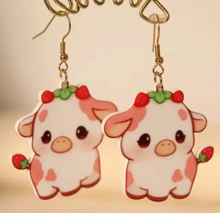 Cute Kawaii Acrylic Piglet Pigs With Strawberry Accents Dangle Earrings