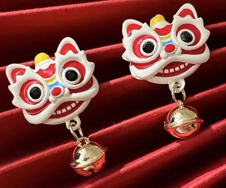 Chinese Lion Face With Bell Good Luck Cute Small Stud Earrings Perfect For Chinese New Year Or Everyday