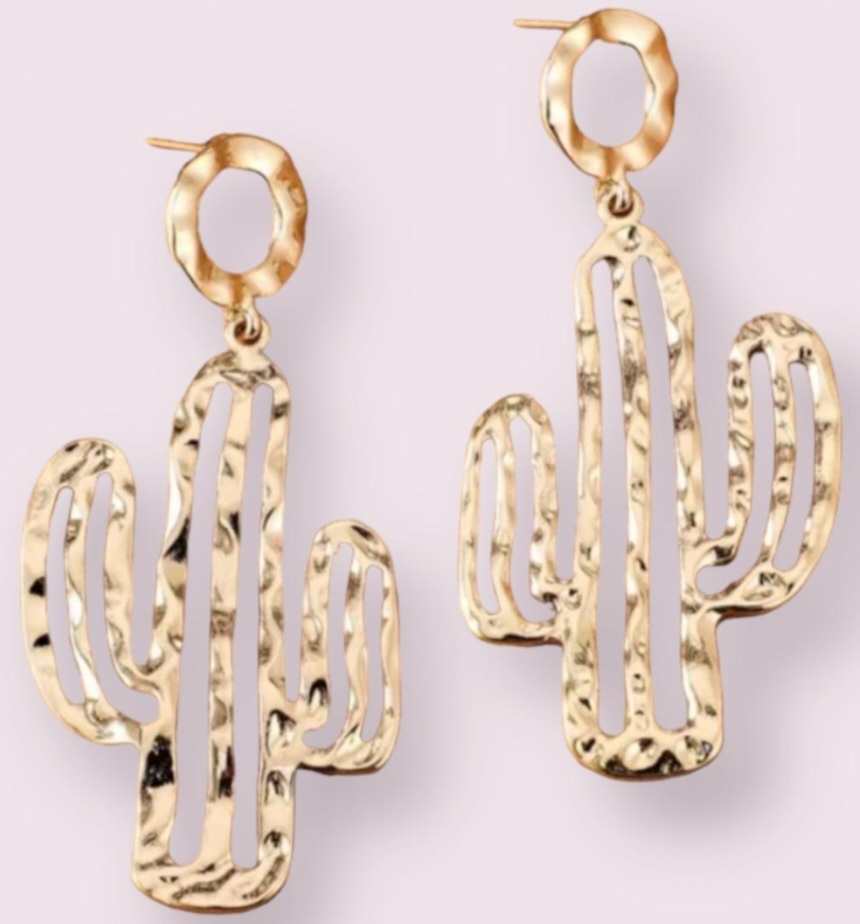 Large Gold Plated Hammered Metal Cactus Dangle Drop Earrings