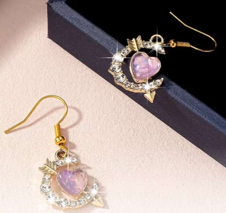 Gold Plated Pretty Sparkling Rhinestone Purple Heart With Arrow Crescent Moon Dangle Earrings