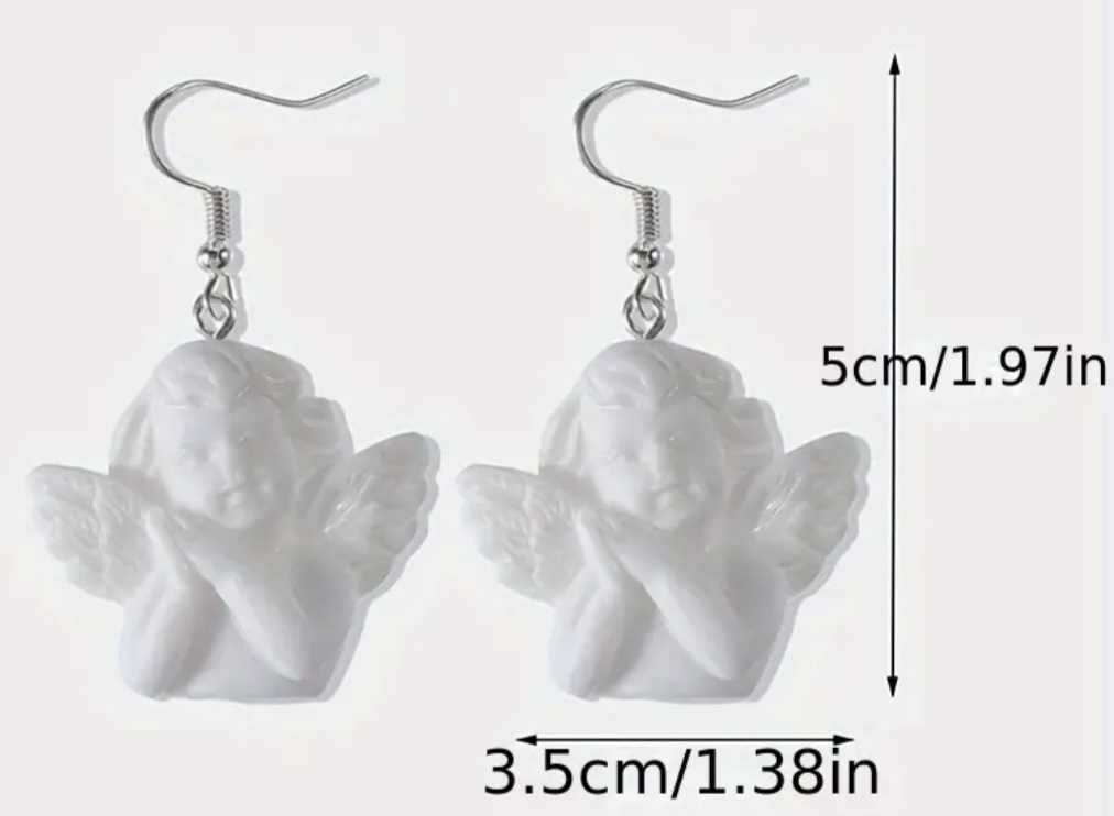 Angelic Angel Cheeky Cupid Cherubs Praying White Acrylic Dangle Earrings