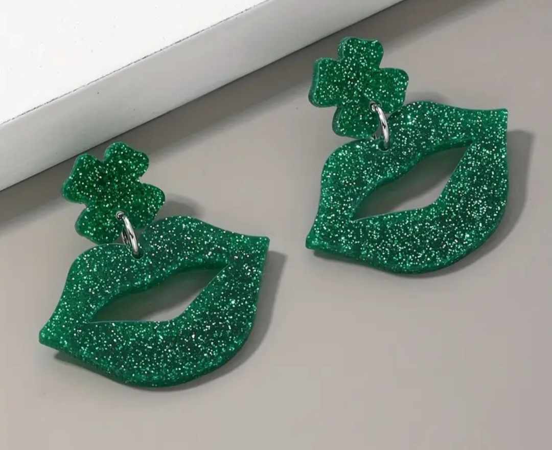 Acrylic  Kiss Me Four Leaf Clover Lips Glitter Sparkly Green Design Saint Patrick's Day Dangle Earrings