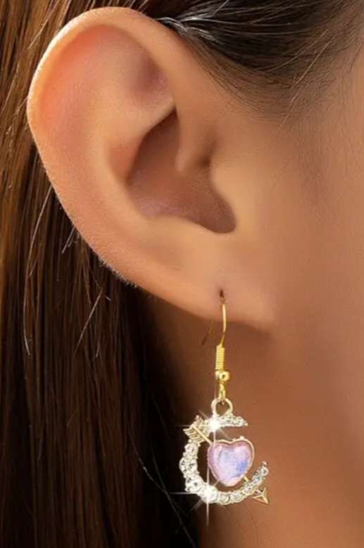 Gold Plated Pretty Sparkling Rhinestone Purple Heart With Arrow Crescent Moon Dangle Earrings