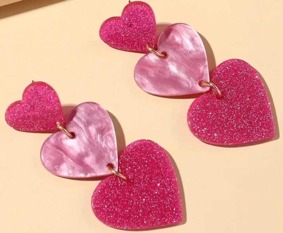 Sweet Acrylic Triple PInk Gradiant Glitter Heart Dangle Drop Earrings