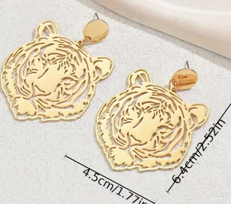 Bold Giant Shiny Lazer Cut Gold Plated Super Lightweight Tiger Head Design Drop Earrings