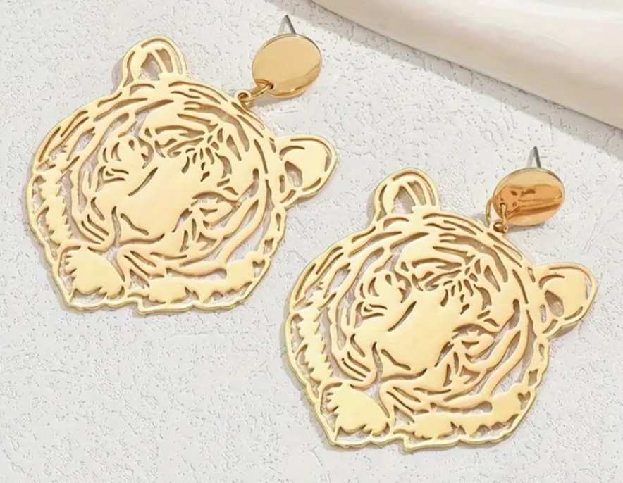 Bold Giant Shiny Lazer Cut Gold Plated Super Lightweight Tiger Head Design Drop Earrings