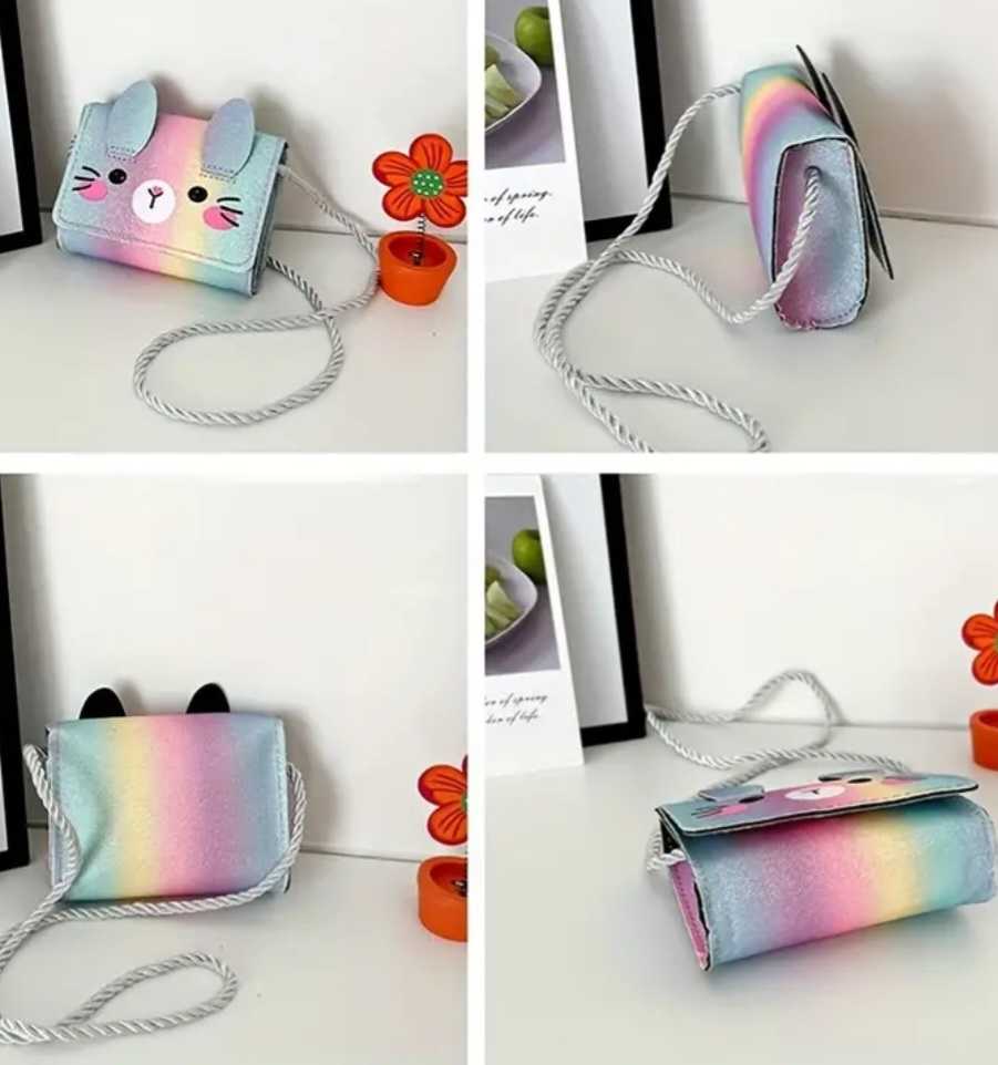 Adorable Kawaii Cute Mini Sparkle Rainbow Rabbit Bunny PU Vegan Leather Hand Bag Purse With Silver Rope Strap