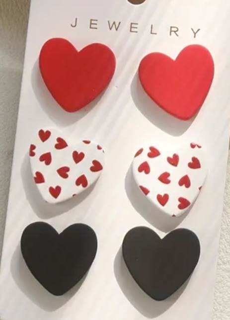 Acrylic Heart Stud Earrings Red Black White Red Heart Design Set Of 3