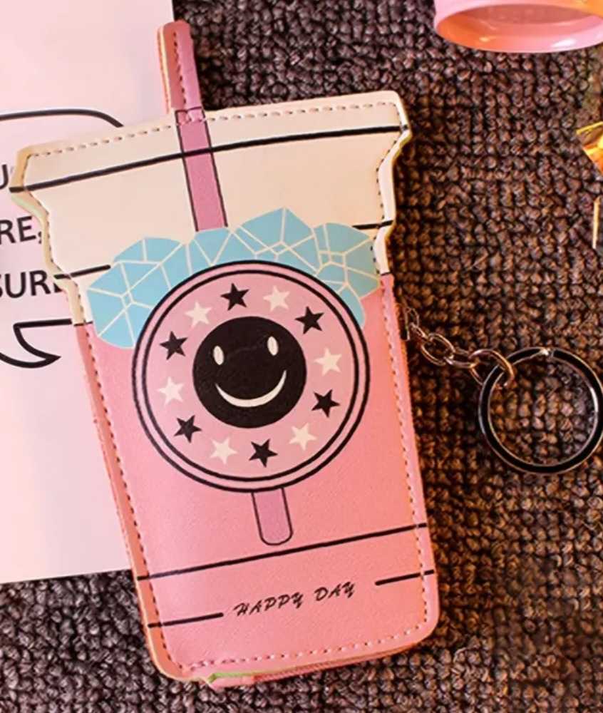 Fun Unique Cartoon Design Sipper Drink Stitched PU Vegan Leather Wallet Coin Purse With Metal Key Chain Ring