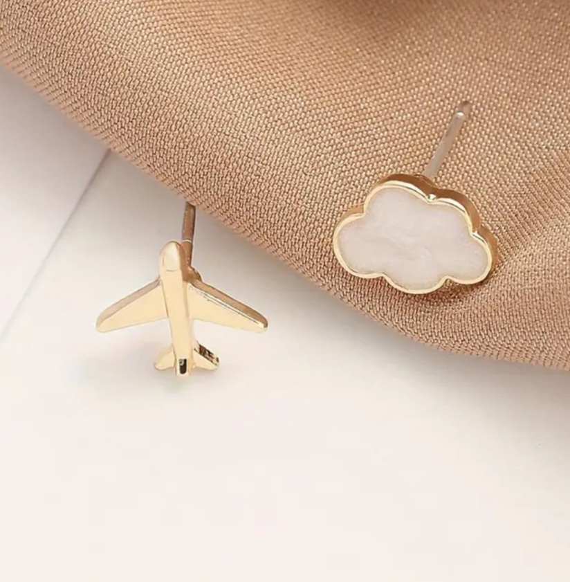 Come Fly With Me Holiday Vacation Gold Plated Cute Little Aeroplane Cloud Plane Stud Earrings