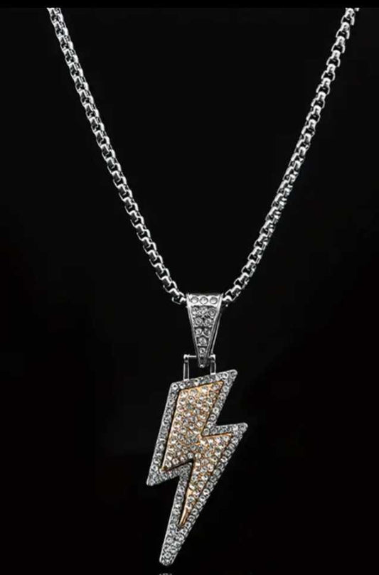 Bling Silver Tone Rhinestone Inlay Lightning Bolt Pendant On Chain