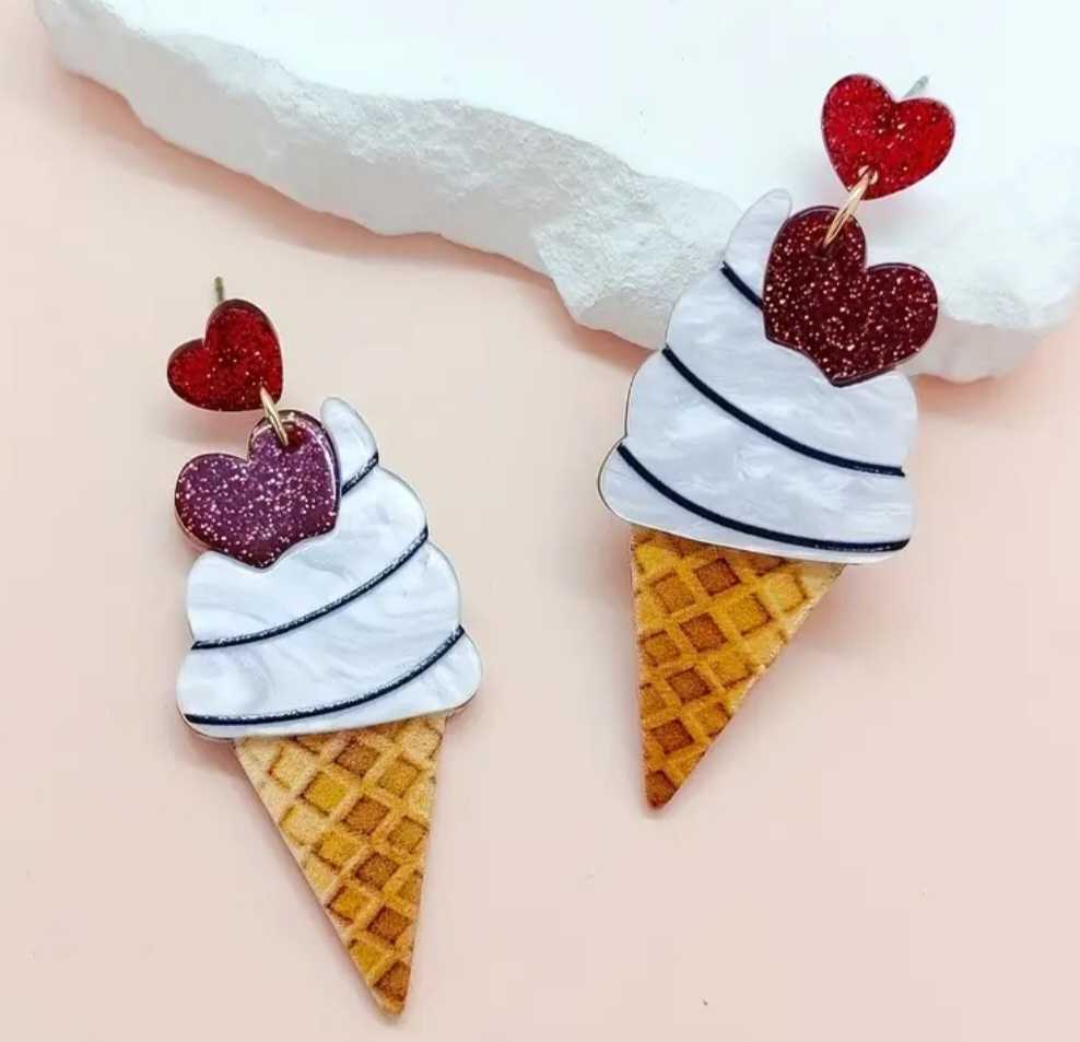 Large Lightweight Cute Kawaii  Acrylic Glitter Sparkle Heart Cherry Ice Cream Dangle Earrings