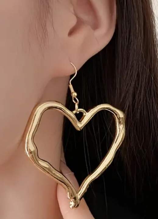 Giant Gold Plated Hollow Heart On Long Black Cord With Matching Large Heart Earrings