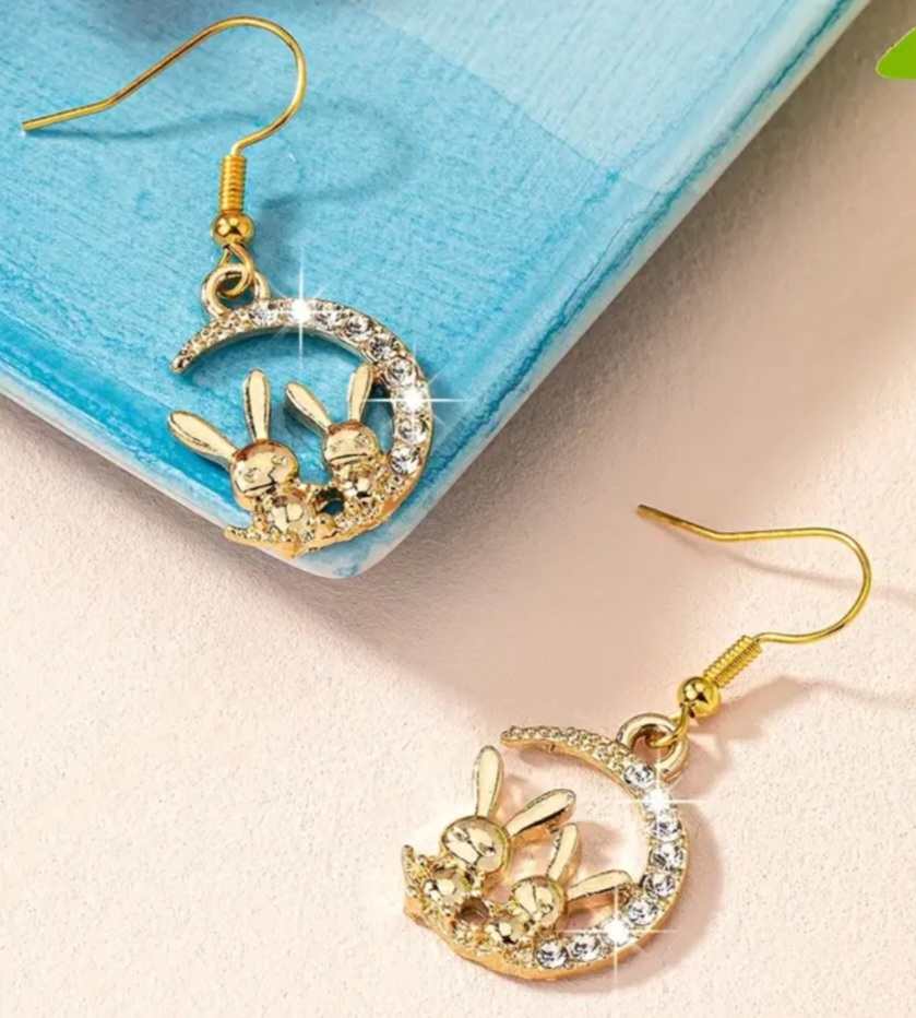 Gold Plated Pretty Sparkling Rhinestone Bunny Sitting On A Crescent Moon Dangle  Earrings