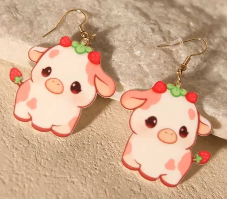 Cute Kawaii Acrylic Piglet Pigs With Strawberry Accents Dangle Earrings