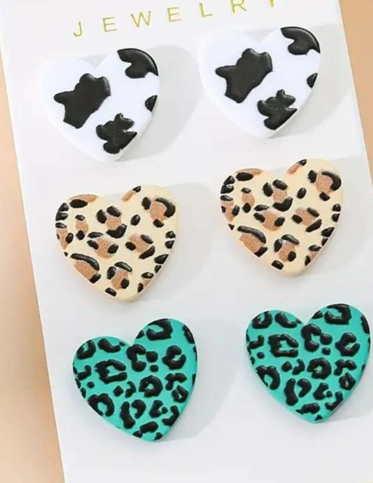 Acrylic Heart Stud Earrings Cow Print White Black Tan Green Leopard Print Design Set of 3