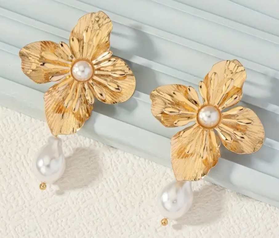 Elegant Extra Large Gold Plated Flower With Faux Pearl Drops Dangle Stud Earrings