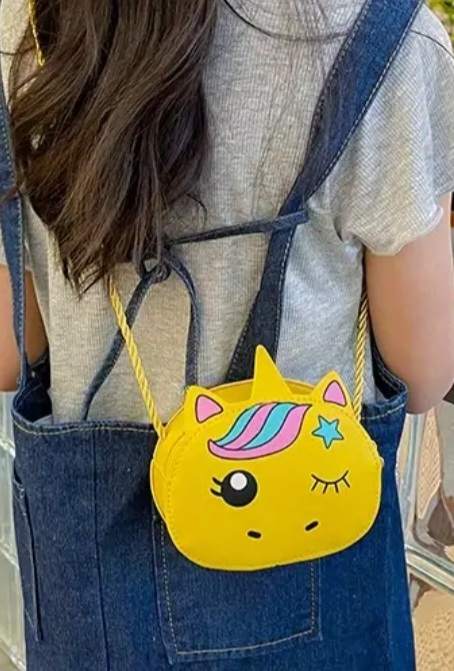 Kawaii Children's Cute Yellow Unicorn Small PU Faux Vegan Leather Coin Purse Shoulder Bag With Cord Strap