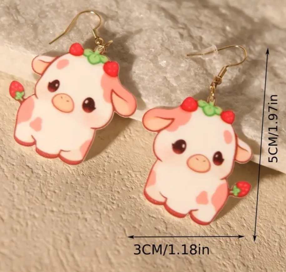 Cute Kawaii Acrylic Piglet Pigs With Strawberry Accents Dangle Earrings