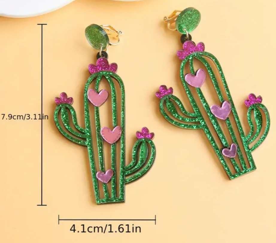 Extra Large Super Sparkly CLIP ON Glittery Cactus and Pink Heart Drop Earrings