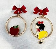 Mismatch Princess Snow White Inspired  Poison Apple Red Bow Silver Plated Enamel Drop Earrings