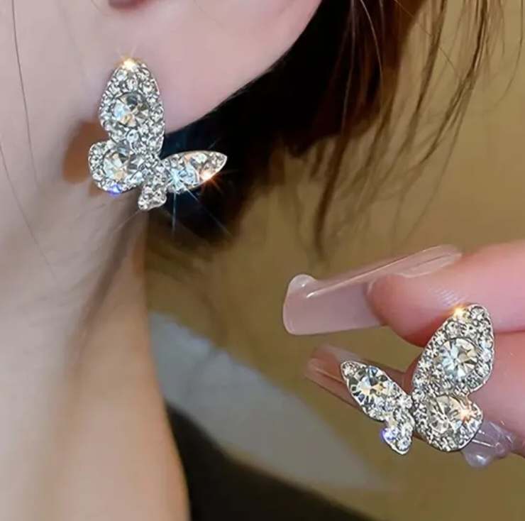 Pretty Sparkling Rhinestone Silver Tone Angled Butterfly Stud Earrings