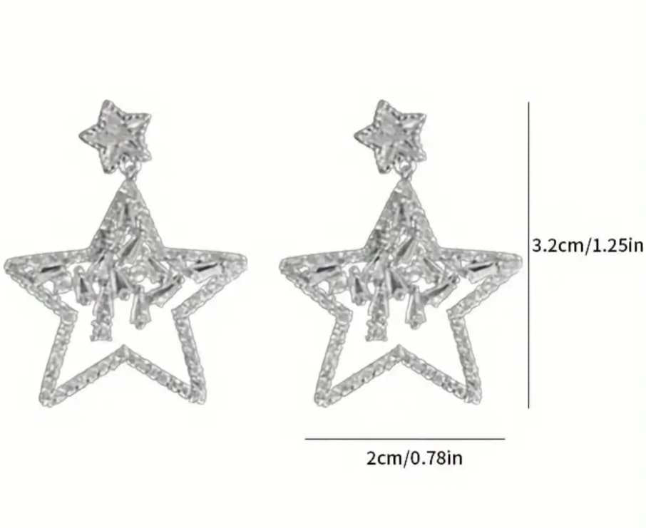 Exquisite Bling Sparkly Rhinestone Zircon Inlay Silver Plated Star Dangle Earrings