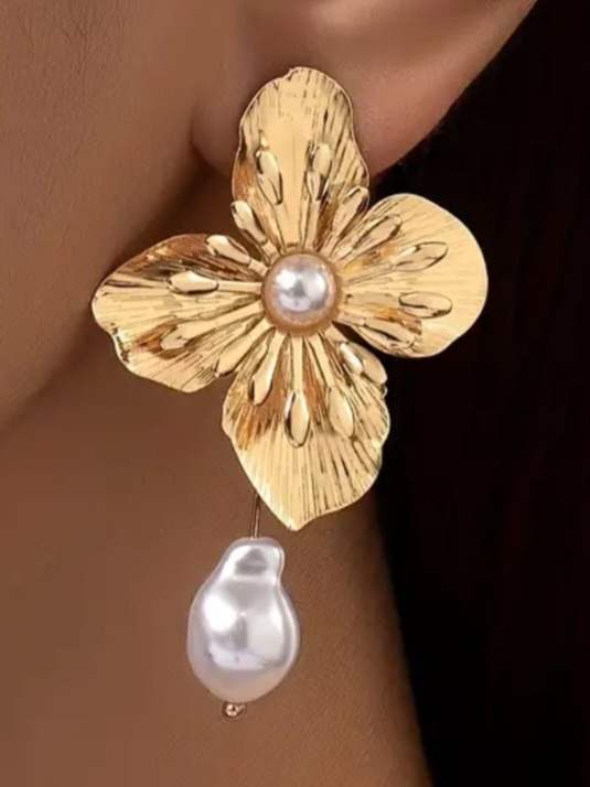 Elegant Extra Large Gold Plated Flower With Faux Pearl Drops Dangle Stud Earrings