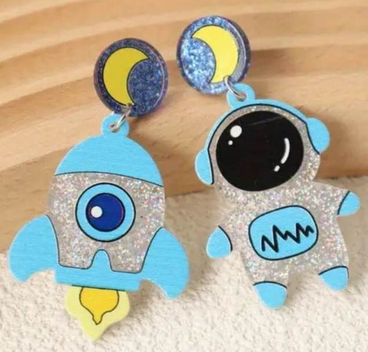 Cute Bright Large Acrylic Cartoon Glitter Sparkle Astronaut Rocket Ship Space Man Drop Earrings