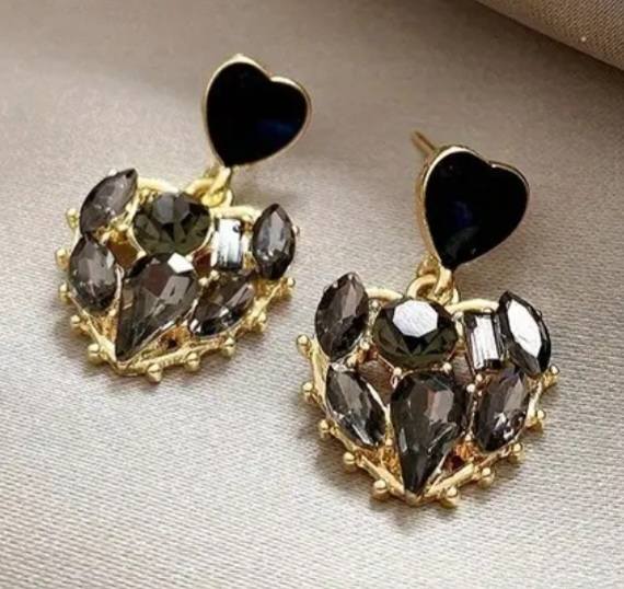 Small Gold Tone Black Rhinestone Inlayed Heart Drop Earrings