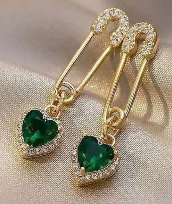 Gold Plated Rhinestone Inlay  Safety Pin Green Stone Heart Design Drop Earrings