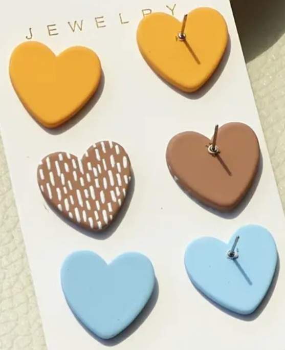 Acrylic Heart Stud Earrings Sunshine Yellow Dusty Blue Tan And Dash Print Design Set Of 3