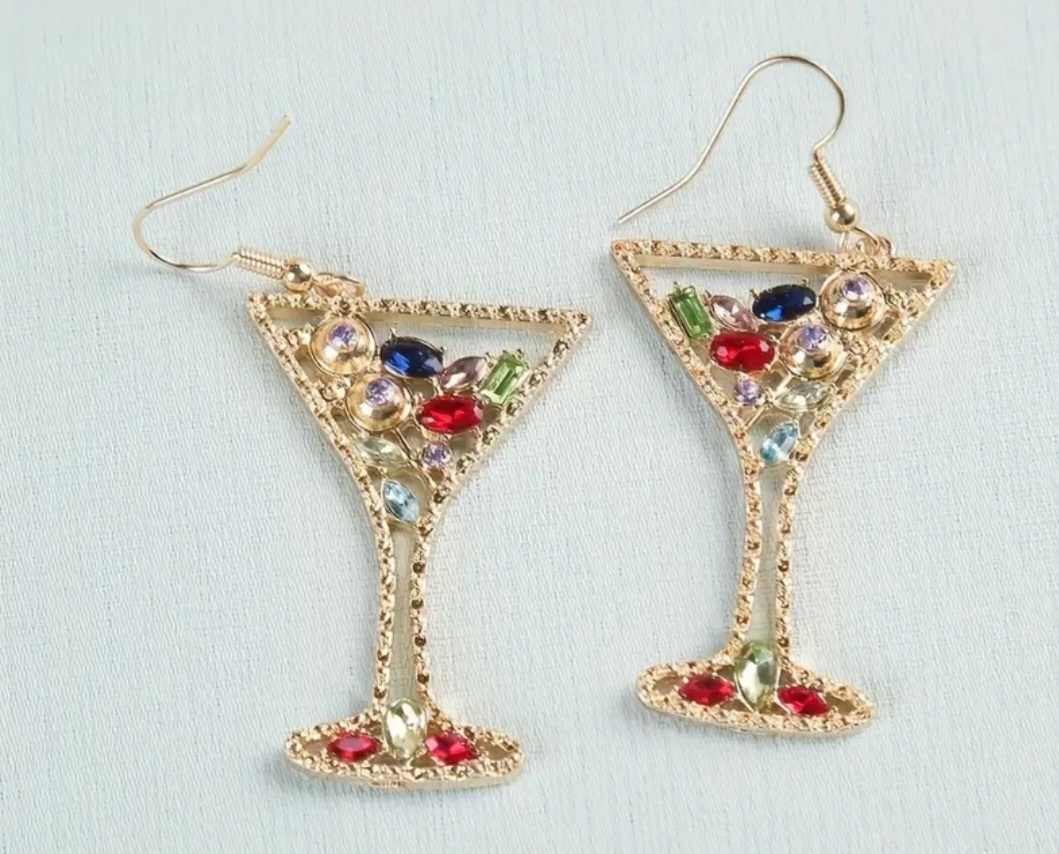 Bling Rhinestone Inlay Gold Plated Martini Wine Cocktail Holiday Drinks Glass Design  Drop Earrings