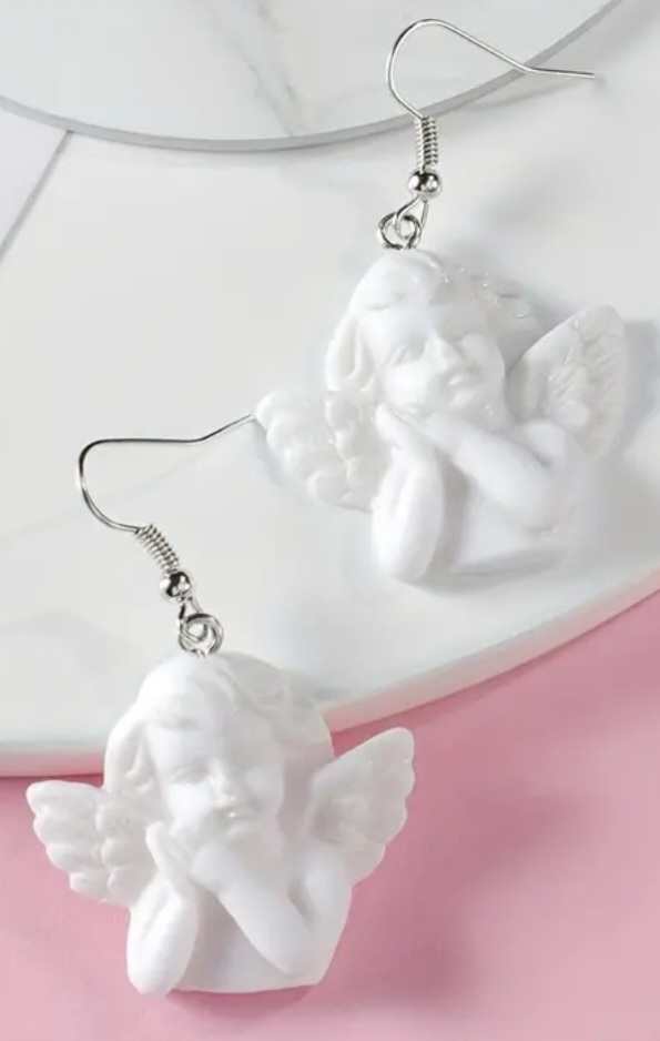 Angelic Angel Cheeky Cupid Cherubs Praying White Acrylic Dangle Earrings