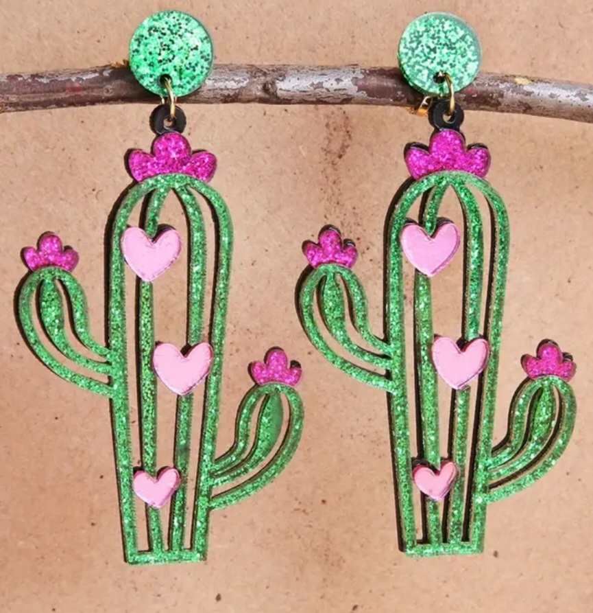 Extra Large Super Sparkly CLIP ON Glittery Cactus and Pink Heart Drop Earrings