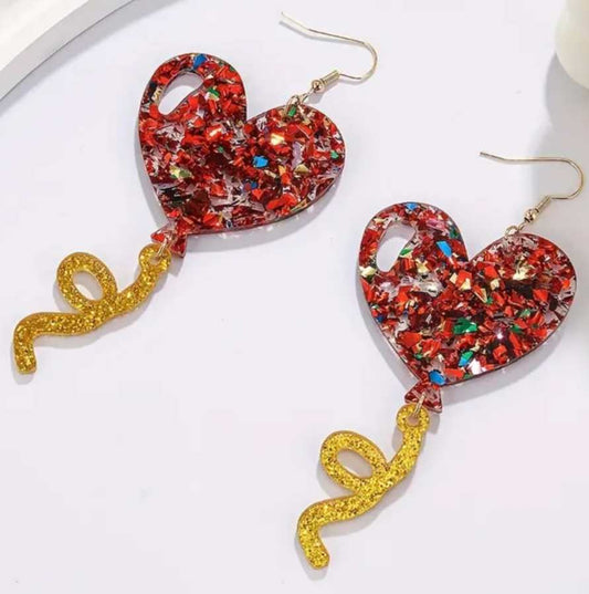 Sparkly Colourful Super Large Glitter Pieces Embedded Acrylic Heart Shaped Balloon Drop Dangle Earrings