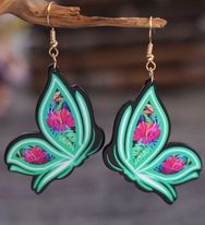 Gorgeous Bright Large Vintage Fun Acrylic Green Butterfly With Flowers Dangle Earrings